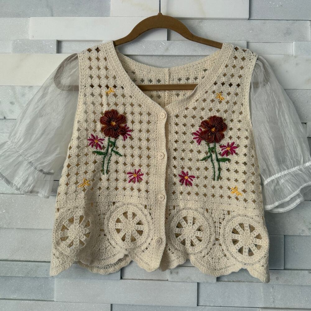 Cottagecore Crochet Embroidered Floral Puff Sleeve Cardigan Fairycore S
